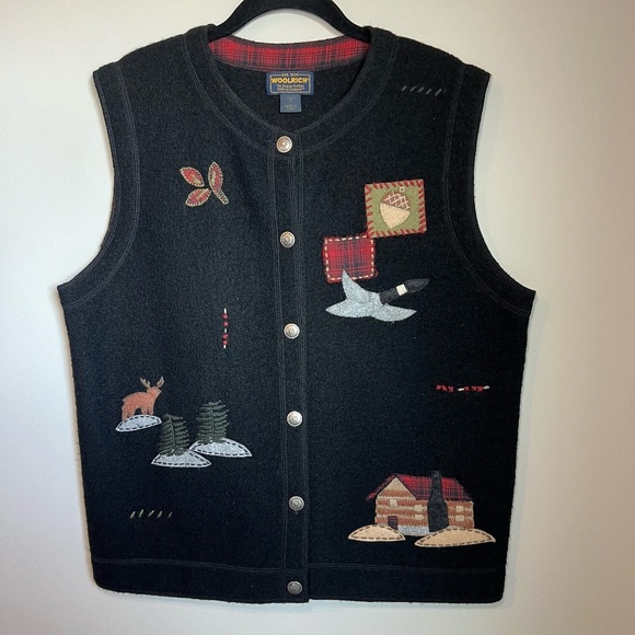Woolrich Vintage Women's Sweater Vest Black Wool Patch Embroidered Outdoor Sz XL - Picture 1 of 11